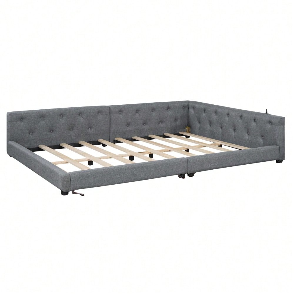 (=WX001034AAE)Schlafsofa, Daybett, Tagesbett, 140x200cm, Schlafsofa mit Lattenrost (ohne Matratze), Ambientebeleuchtung mit Fernbedienung, Kopfteil mit Knopftuft, Usb+Typ-c, Leinen, Grau