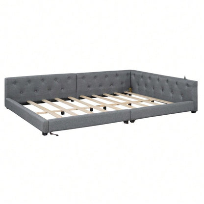 (=WX001034AAE)Schlafsofa, Daybett, Tagesbett, 140x200cm, Schlafsofa mit Lattenrost (ohne Matratze), Ambientebeleuchtung mit Fernbedienung, Kopfteil mit Knopftuft, Usb+Typ-c, Leinen, Grau