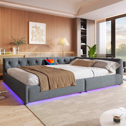 (=WX001034AAE)Schlafsofa, Daybett, Tagesbett, 140x200cm, Schlafsofa mit Lattenrost (ohne Matratze), Ambientebeleuchtung mit Fernbedienung, Kopfteil mit Knopftuft, Usb+Typ-c, Leinen, Grau