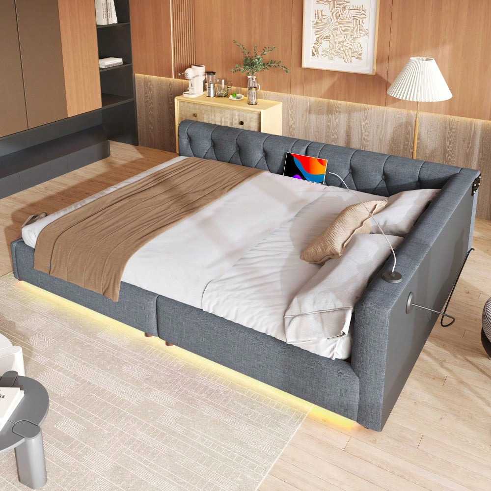 (=WX001034AAE)Schlafsofa, Daybett, Tagesbett, 140x200cm, Schlafsofa mit Lattenrost (ohne Matratze), Ambientebeleuchtung mit Fernbedienung, Kopfteil mit Knopftuft, Usb+Typ-c, Leinen, Grau