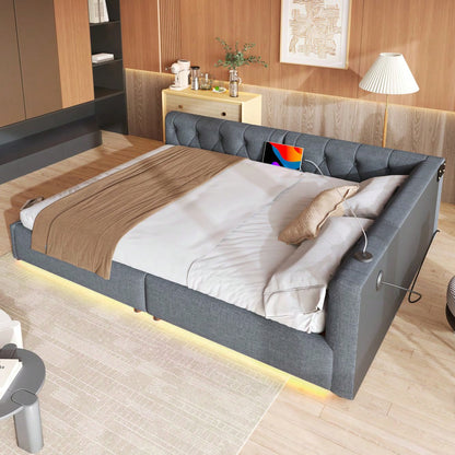 (=WX001034AAE)Schlafsofa, Daybett, Tagesbett, 140x200cm, Schlafsofa mit Lattenrost (ohne Matratze), Ambientebeleuchtung mit Fernbedienung, Kopfteil mit Knopftuft, Usb+Typ-c, Leinen, Grau