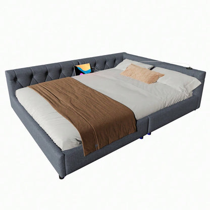 (=WX001034AAE)Schlafsofa, Daybett, Tagesbett, 140x200cm, Schlafsofa mit Lattenrost (ohne Matratze), Ambientebeleuchtung mit Fernbedienung, Kopfteil mit Knopftuft, Usb+Typ-c, Leinen, Grau