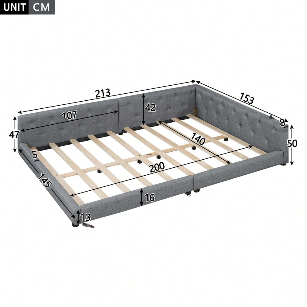 (=WX001034AAE)Schlafsofa, Daybett, Tagesbett, 140x200cm, Schlafsofa mit Lattenrost (ohne Matratze), Ambientebeleuchtung mit Fernbedienung, Kopfteil mit Knopftuft, Usb+Typ-c, Leinen, Grau