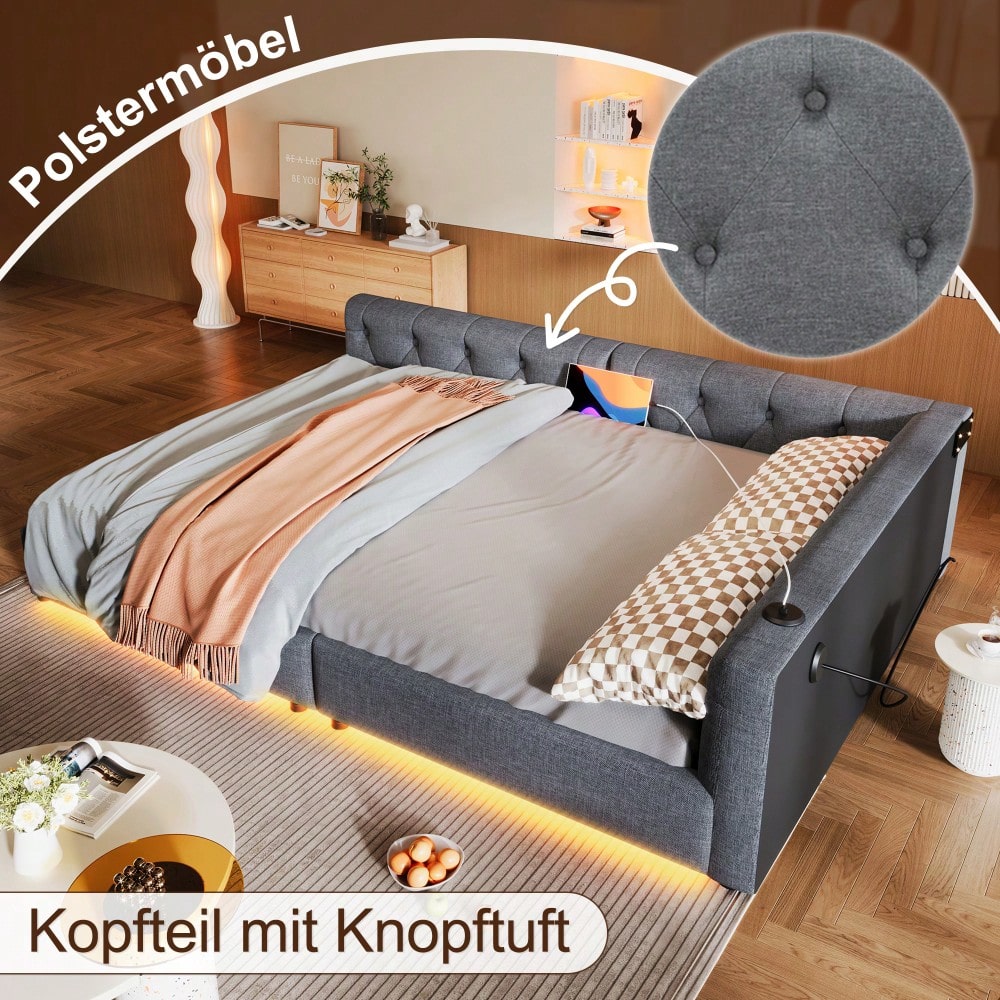 (=WX001034AAE)Schlafsofa, Daybett, Tagesbett, 140x200cm, Schlafsofa mit Lattenrost (ohne Matratze), Ambientebeleuchtung mit Fernbedienung, Kopfteil mit Knopftuft, Usb+Typ-c, Leinen, Grau