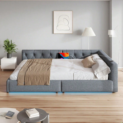 (=WX001034AAE)Schlafsofa, Daybett, Tagesbett, 140x200cm, Schlafsofa mit Lattenrost (ohne Matratze), Ambientebeleuchtung mit Fernbedienung, Kopfteil mit Knopftuft, Usb+Typ-c, Leinen, Grau