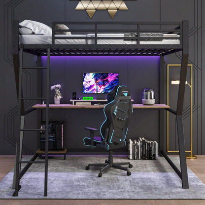 Hochbett, 140*200cm , Mit LED-Leuchten, Computerkonsolenablage, Schreibtisch, Steckdose+USB, Geländer, Treppe, ohne Matratze, Schwarz
