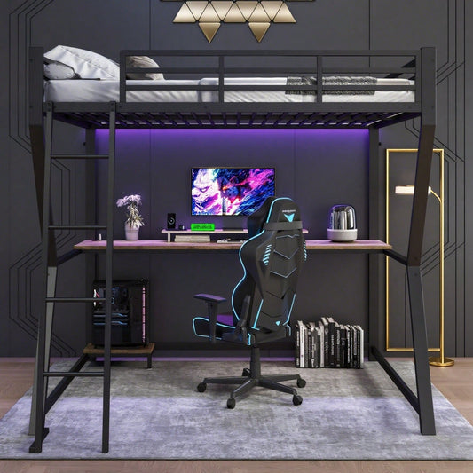 Hochbett, 140*200cm , Mit LED-Leuchten, Computerkonsolenablage, Schreibtisch, Steckdose+USB, Geländer, Treppe, ohne Matratze, Schwarz