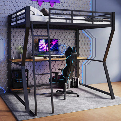 Hochbett, 140*200cm , Mit LED-Leuchten, Computerkonsolenablage, Schreibtisch, Steckdose+USB, Geländer, Treppe, ohne Matratze, Schwarz