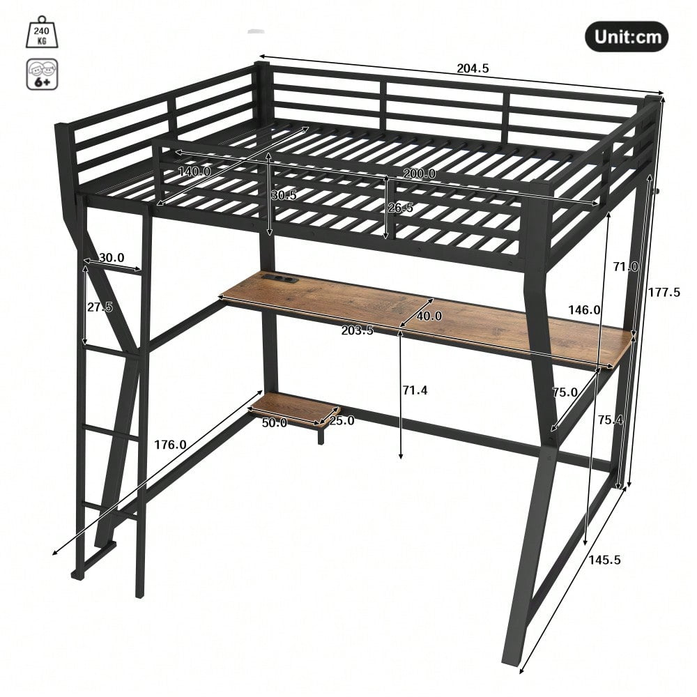Hochbett, 140*200cm , Mit LED-Leuchten, Computerkonsolenablage, Schreibtisch, Steckdose+USB, Geländer, Treppe, ohne Matratze, Schwarz
