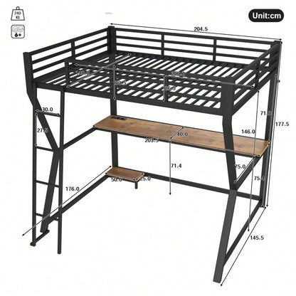 Hochbett, 140*200cm , Mit LED-Leuchten, Computerkonsolenablage, Schreibtisch, Steckdose+USB, Geländer, Treppe, ohne Matratze, Schwarz