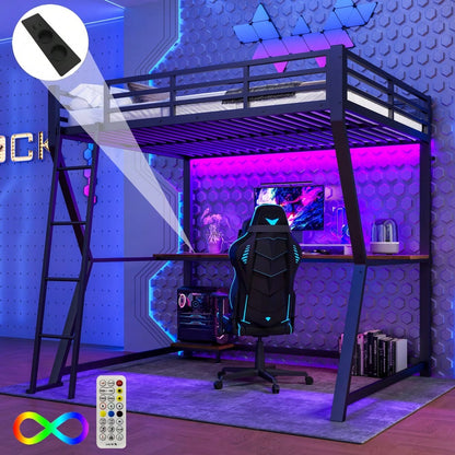 Hochbett, 140*200cm , Mit LED-Leuchten, Computerkonsolenablage, Schreibtisch, Steckdose+USB, Geländer, Treppe, ohne Matratze, Schwarz