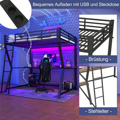 Hochbett, 140*200cm , Mit LED-Leuchten, Computerkonsolenablage, Schreibtisch, Steckdose+USB, Geländer, Treppe, ohne Matratze, Schwarz