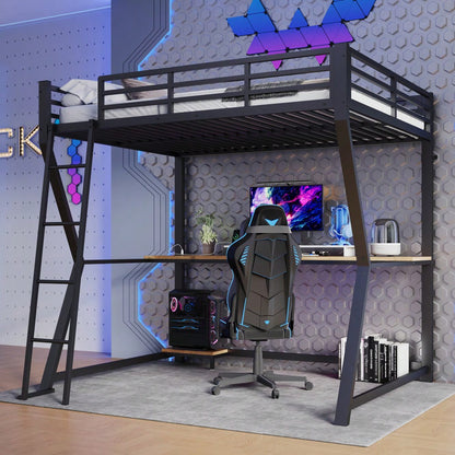 Hochbett, 140*200cm , Mit LED-Leuchten, Computerkonsolenablage, Schreibtisch, Steckdose+USB, Geländer, Treppe, ohne Matratze, Schwarz