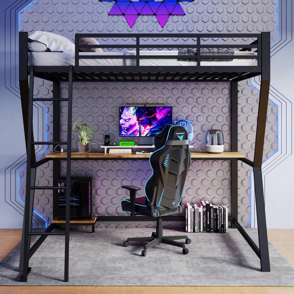 Hochbett, 140*200cm , Mit LED-Leuchten, Computerkonsolenablage, Schreibtisch, Steckdose+USB, Geländer, Treppe, ohne Matratze, Schwarz