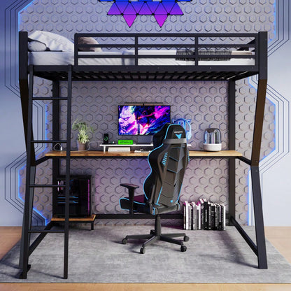 Hochbett, 140*200cm , Mit LED-Leuchten, Computerkonsolenablage, Schreibtisch, Steckdose+USB, Geländer, Treppe, ohne Matratze, Schwarz