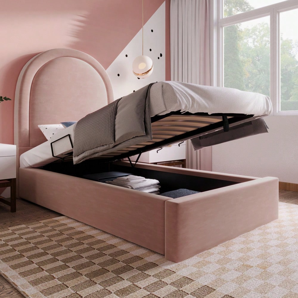 Polsterbett Kinderbett,Einzelbett 90 x 200 cm, Rosa,Samt für Jungen & Mädchen  (Mit Matratze)