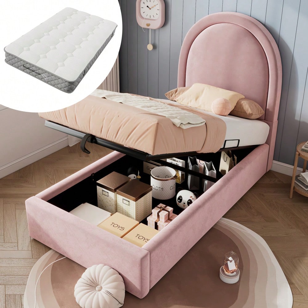 Polsterbett Kinderbett,Einzelbett 90 x 200 cm, Rosa,Samt für Jungen & Mädchen  (Mit Matratze)