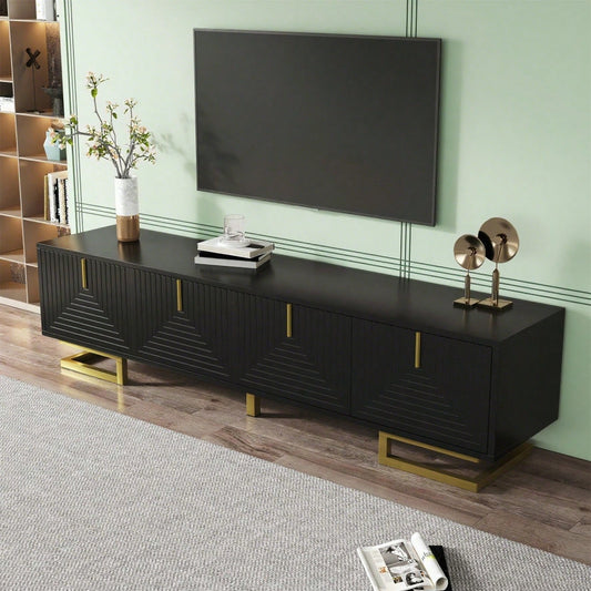 TV-Schrank, Lowboard mit strukturierten Türen, TV-Möbel, goldene Griffe und goldene Beine