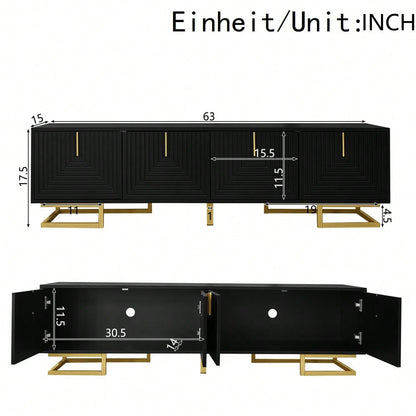 TV-Schrank, Lowboard mit strukturierten Türen, TV-Möbel, goldene Griffe und goldene Beine