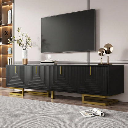 TV-Schrank, Lowboard mit strukturierten Türen, TV-Möbel, goldene Griffe und goldene Beine