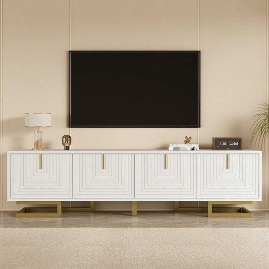TV-Schrank, Lowboard mit strukturierten Türen, TV-Möbel, goldene Griffe und goldene Beine