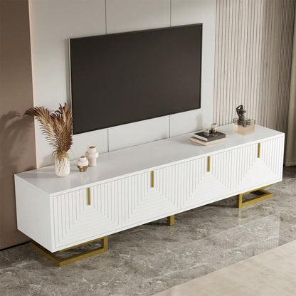 TV-Schrank, Lowboard mit strukturierten Türen, TV-Möbel, goldene Griffe und goldene Beine