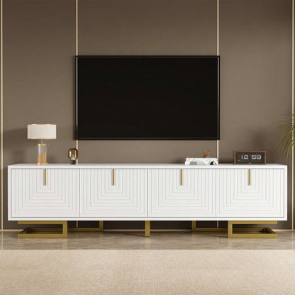TV-Schrank, Lowboard mit strukturierten Türen, TV-Möbel, goldene Griffe und goldene Beine