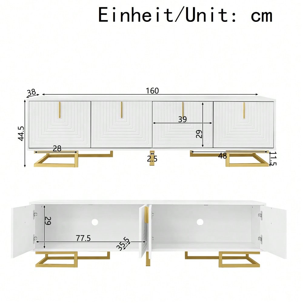 TV-Schrank, Lowboard mit strukturierten Türen, TV-Möbel, goldene Griffe und goldene Beine