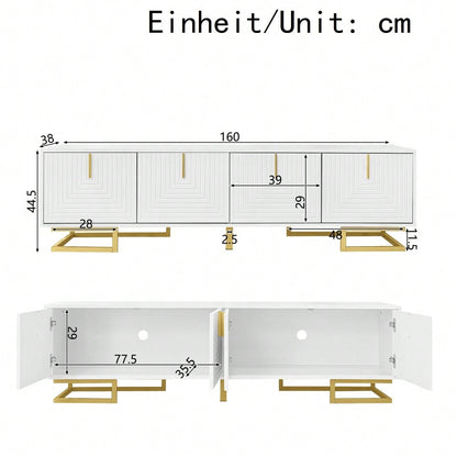 TV-Schrank, Lowboard mit strukturierten Türen, TV-Möbel, goldene Griffe und goldene Beine