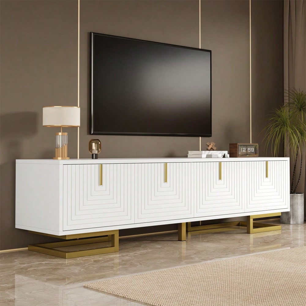 TV-Schrank, Lowboard mit strukturierten Türen, TV-Möbel, goldene Griffe und goldene Beine