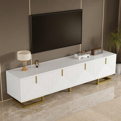 TV-Schrank, Lowboard mit strukturierten Türen, TV-Möbel, goldene Griffe und goldene Beine