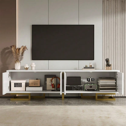 TV-Schrank, Lowboard mit strukturierten Türen, TV-Möbel, goldene Griffe und goldene Beine