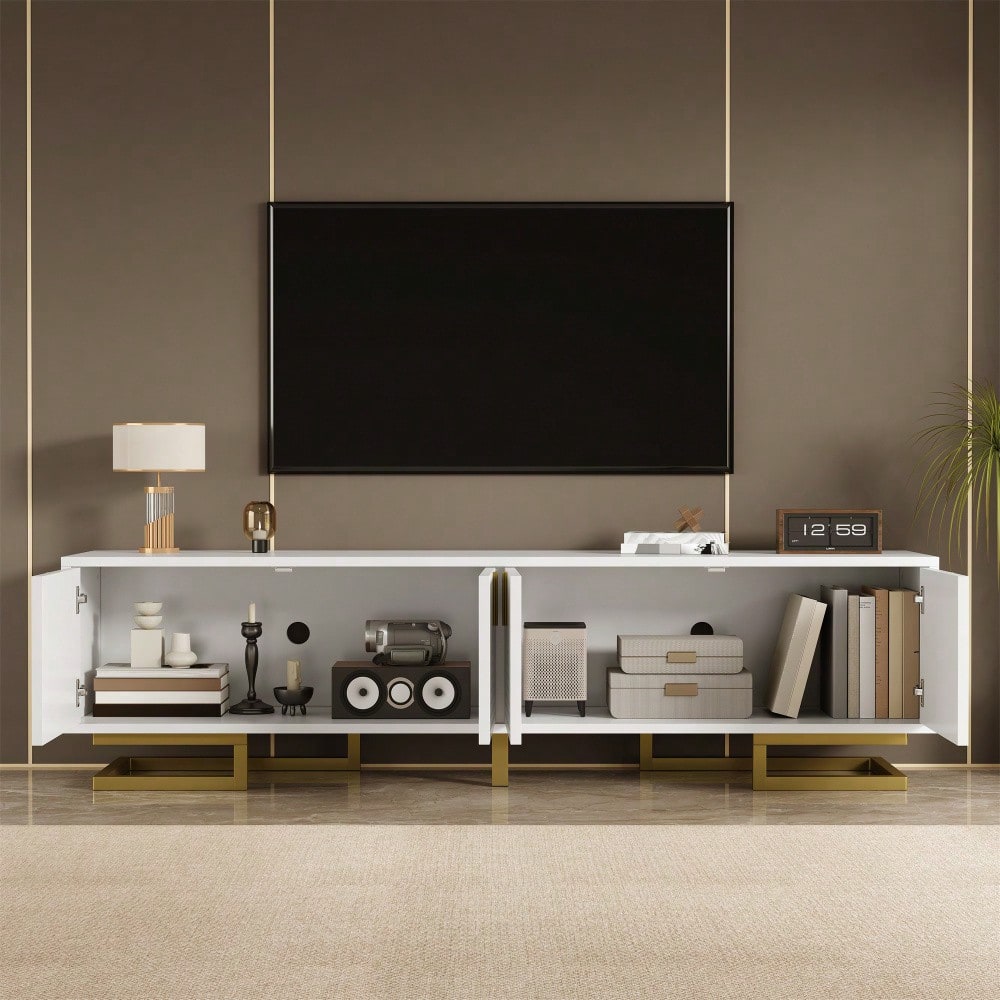 TV-Schrank, Lowboard mit strukturierten Türen, TV-Möbel, goldene Griffe und goldene Beine