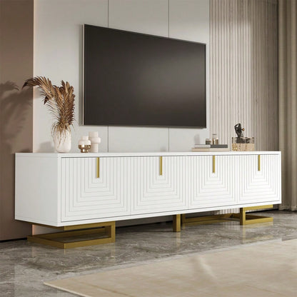 TV-Schrank, Lowboard mit strukturierten Türen, TV-Möbel, goldene Griffe und goldene Beine