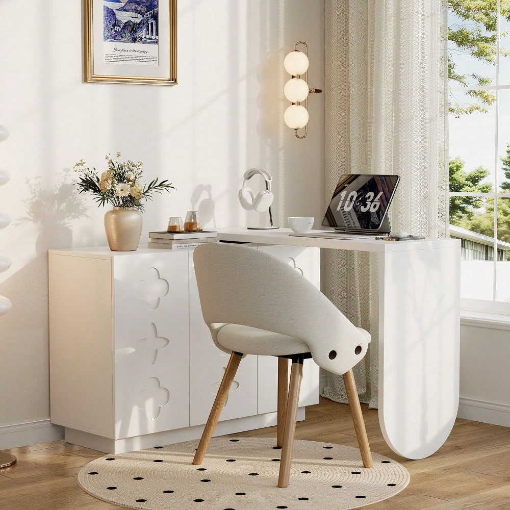 Schreibtisch, drehbarer L-förmiger Eck-Computertisch, Bürotisch, Frisiertisch, weiß 110 cm