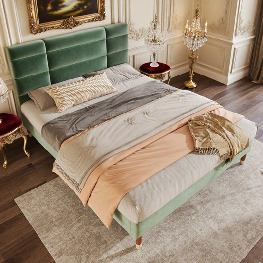Polsterbett, Doppelbett mit Lattenrost, 140x200cm gepolsteres Bettgestell mit Kopfteil, in dunkelgrün Samt, für Erwachsene&Jugendliche (Mit Matratze)