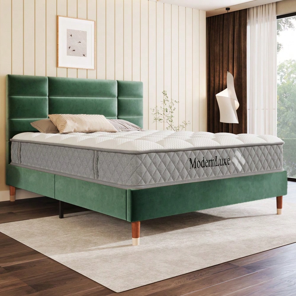Polsterbett, Doppelbett mit Lattenrost, 140x200cm gepolsteres Bettgestell mit Kopfteil, in dunkelgrün Samt, für Erwachsene&Jugendliche (Mit Matratze)