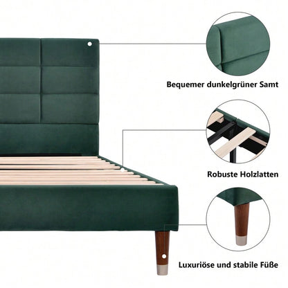 Polsterbett, Doppelbett mit Lattenrost, 140x200cm gepolsteres Bettgestell mit Kopfteil, in dunkelgrün Samt, für Erwachsene&Jugendliche (Mit Matratze)