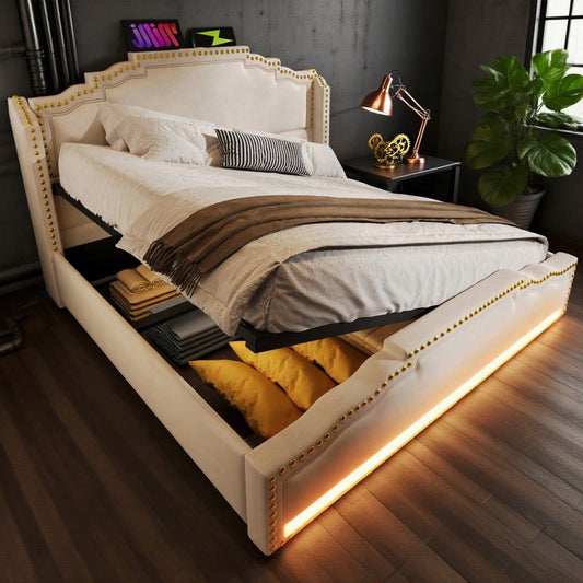Polsterbett 140x200, Doppelbett mit hydraulischem Stauraum, LED-Beleuchtung und USB-C-Ladeanschluss, Stauraumbett und Jugendbett mit Lattenrost, Samt, Beige, Mit Matratze