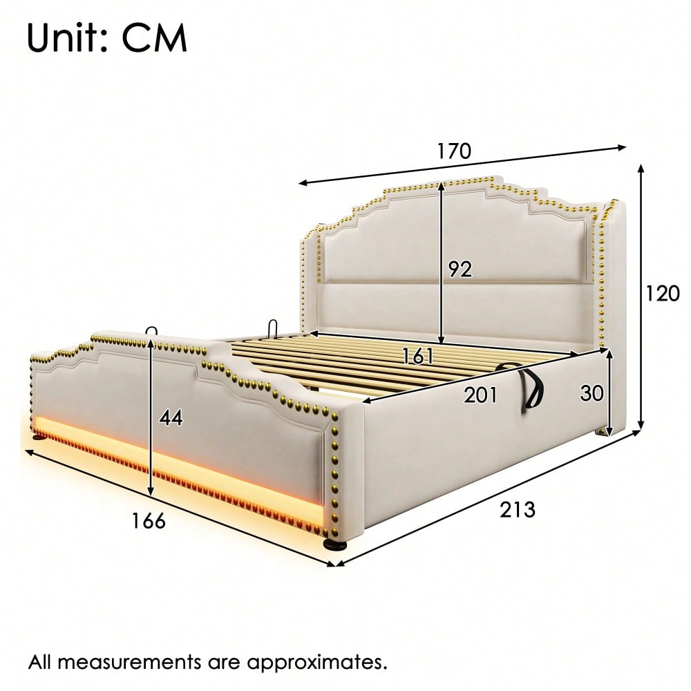 Polsterbett 140x200, Doppelbett mit hydraulischem Stauraum, LED-Beleuchtung und USB-C-Ladeanschluss, Stauraumbett und Jugendbett mit Lattenrost, Samt, Beige, Mit Matratze