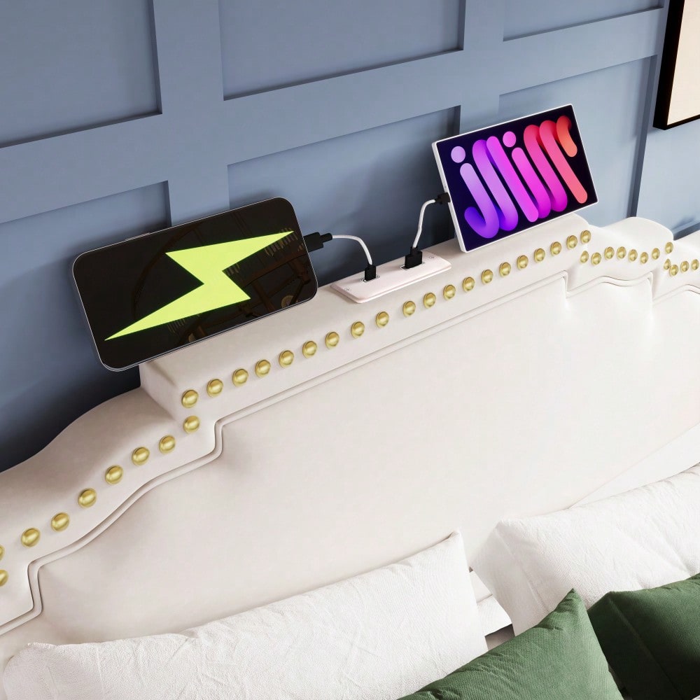Polsterbett 140x200, Doppelbett mit hydraulischem Stauraum, LED-Beleuchtung und USB-C-Ladeanschluss, Stauraumbett und Jugendbett mit Lattenrost, Samt, Beige, Mit Matratze