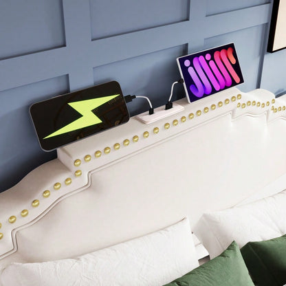 Polsterbett 140x200, Doppelbett mit hydraulischem Stauraum, LED-Beleuchtung und USB-C-Ladeanschluss, Stauraumbett und Jugendbett mit Lattenrost, Samt, Beige, Mit Matratze