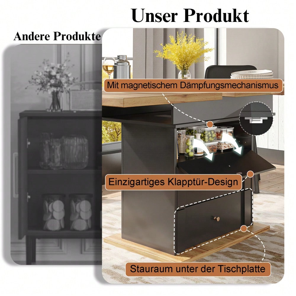 Esstisch Teleskoptisch(110-140×80cm), klappbarer Küchentisch für 4-6 Personen, Ausziehbarer Esstisch ,platzsparender Küchentisch,für Küche und Wohnzimmer,Minimalistisches Schranktür-Design, Schwarz