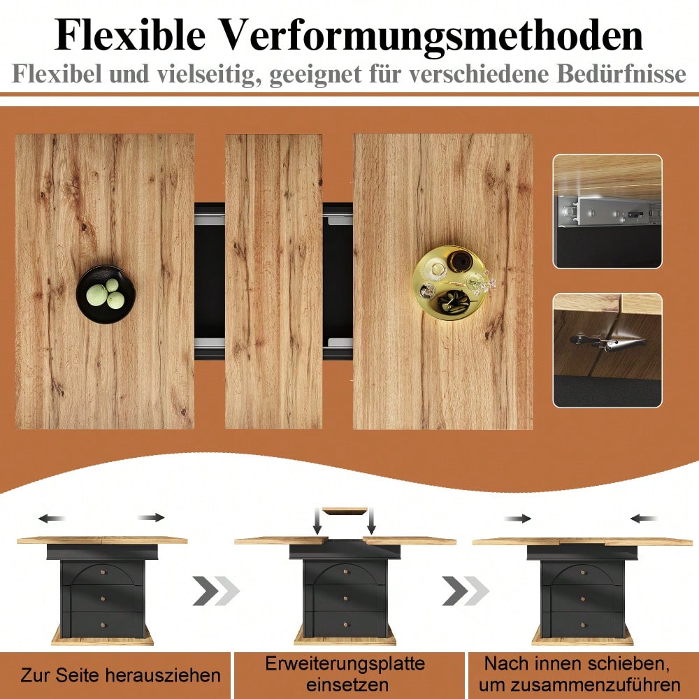 Esstisch Teleskoptisch(110-140×80cm), klappbarer Küchentisch für 4-6 Personen, Ausziehbarer Esstisch ,platzsparender Küchentisch,für Küche und Wohnzimmer,Minimalistisches Schranktür-Design, Schwarz