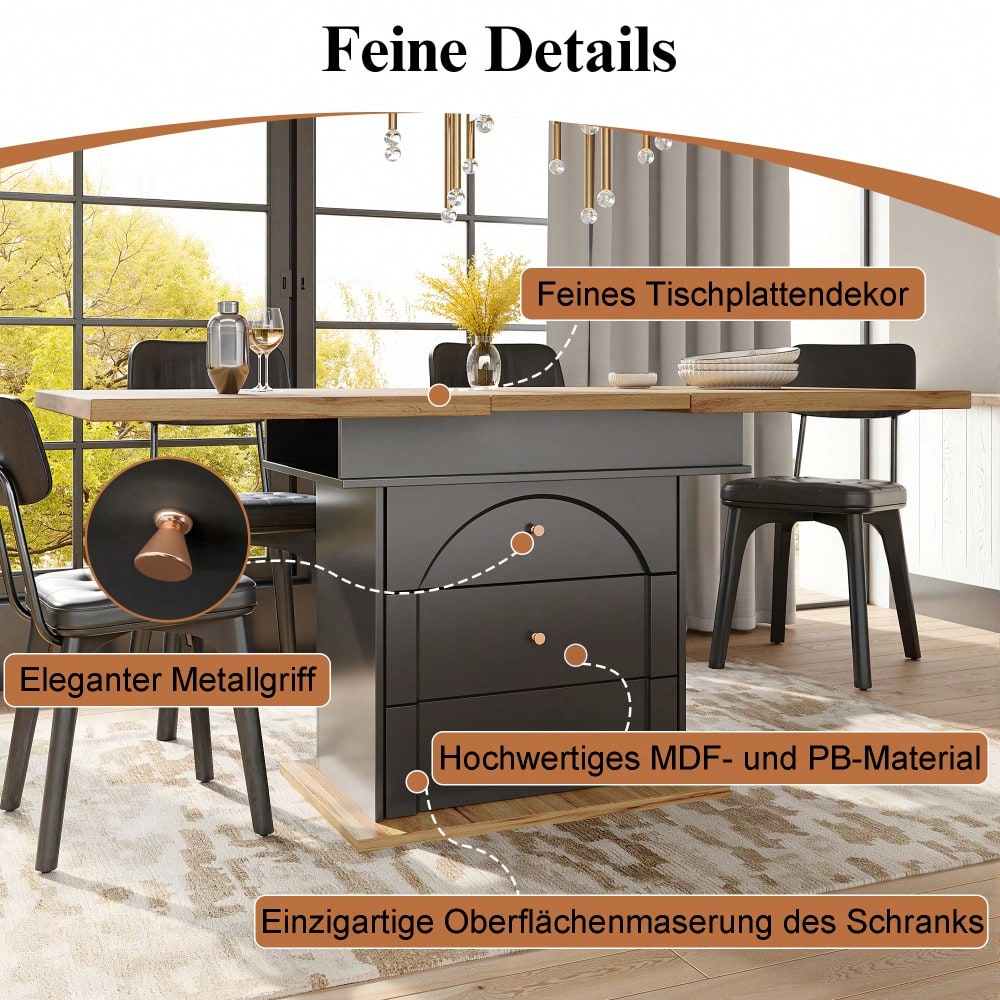 Esstisch Teleskoptisch(110-140×80cm), klappbarer Küchentisch für 4-6 Personen, Ausziehbarer Esstisch ,platzsparender Küchentisch,für Küche und Wohnzimmer,Minimalistisches Schranktür-Design, Schwarz