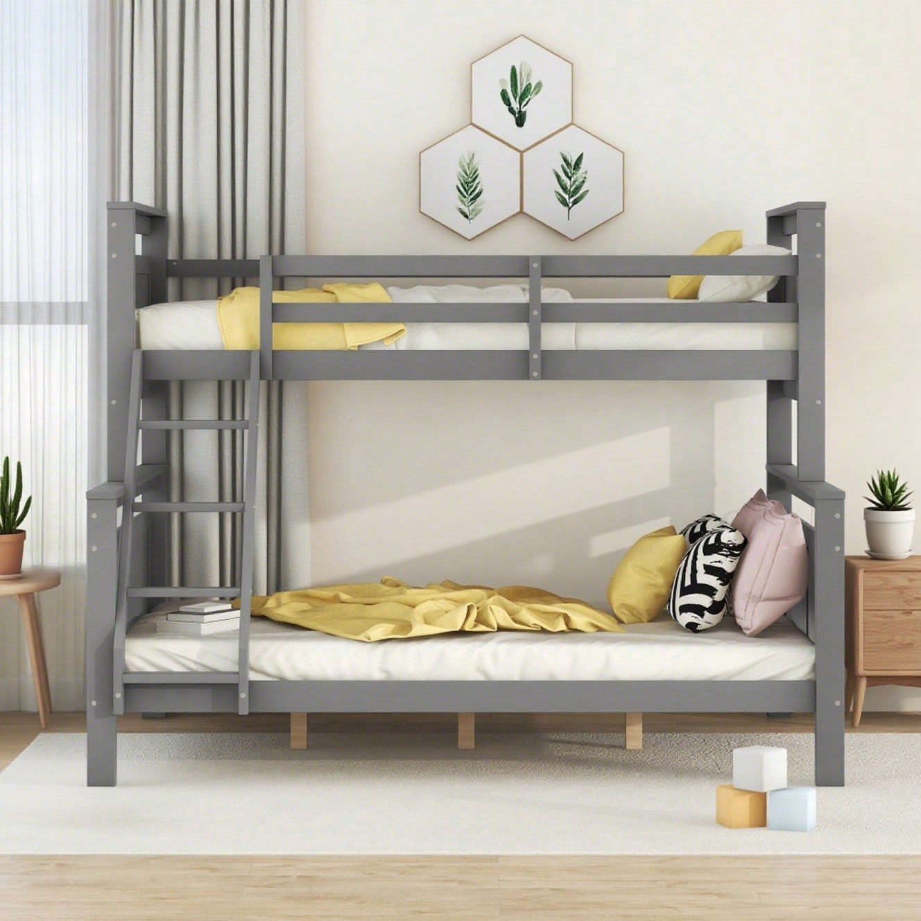 =(WX000403AAE-1)Etagenbett mit Leiter und Sicherheitsgeländer, umbaubar in 2 getrennte Betten, Holzbett für Kinder, Jugendliche und Erwachsene, 90(140)x200cm, grau(ETA 7.13)