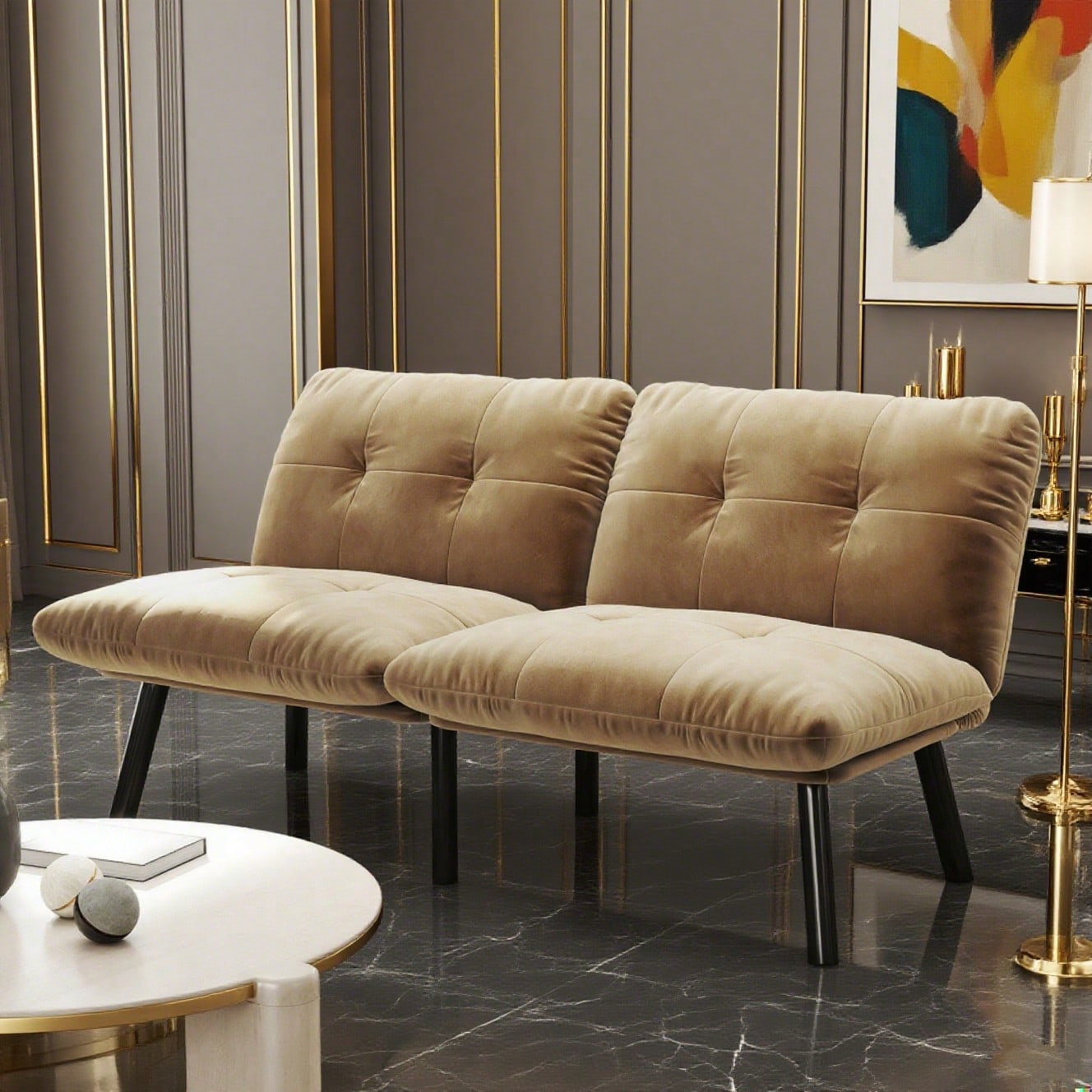 Braunes, klappbares Modern-Sofa-Bett – 2-Sitzer Futon-Couch, platzsparende Schlaffunktion für Wohnzimmer & Gästezimmer