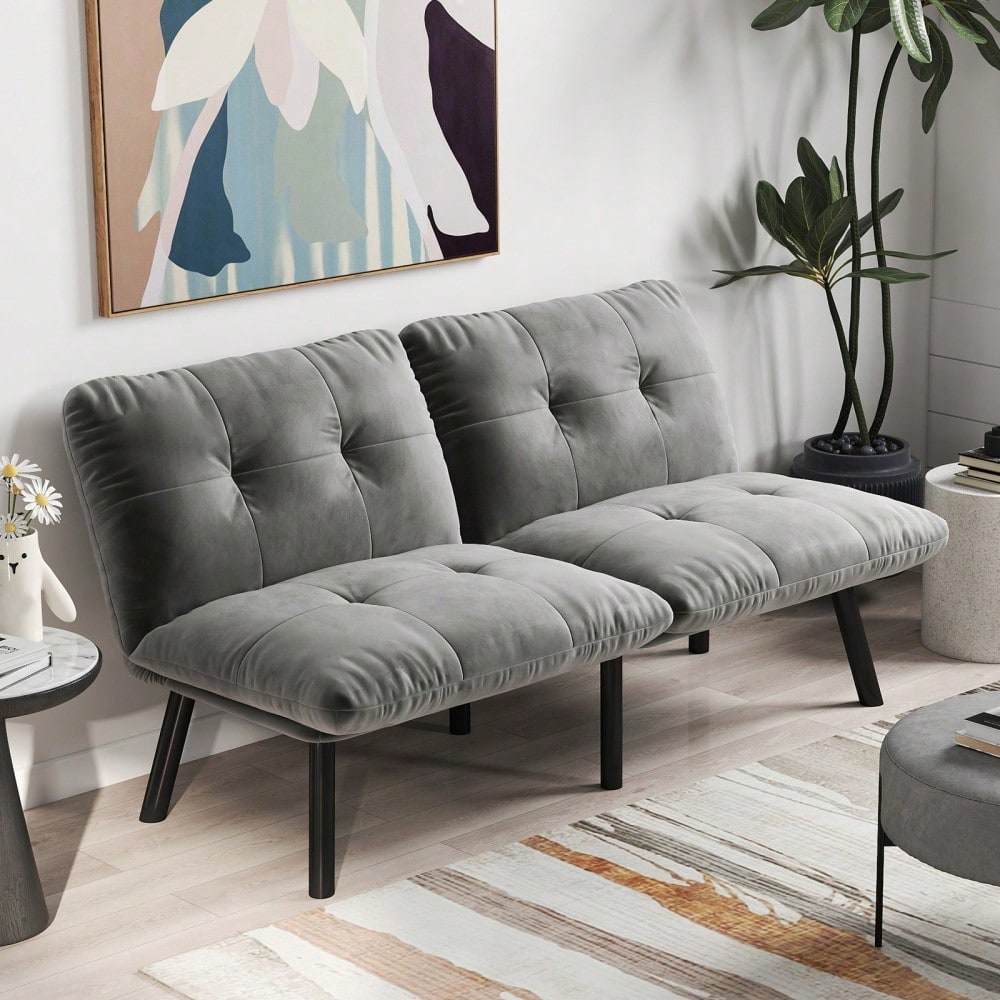 Graues, klappbares Modern-Sofa-Bett – 2-Sitzer Futon-Couch mit Schlaffunktion, platzsparendes Gästebett