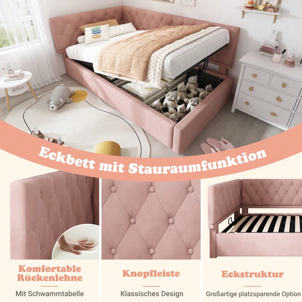 Polsterbett Tagesbett Daybett 90x190cm, Schlafsofa mit hydraulischem Stauraum, Kinderbett Jugendbett Bettgestell mit Lattenrost aus Holz, Samt, Rosa, ohne Matratze.