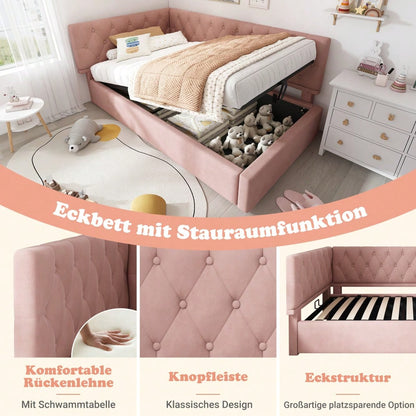 Polsterbett Tagesbett Daybett 90x190cm, Schlafsofa mit hydraulischem Stauraum, Kinderbett Jugendbett Bettgestell mit Lattenrost aus Holz, Samt, Rosa, ohne Matratze.
